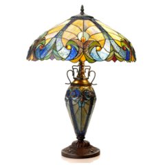 LIAISON Tiffany-style 3 Light Victorian Double Lit Table Lamp 18" Shade