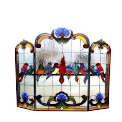 AVES Tiffany-glass Gathering Birds Design 3pcs Folding Fireplace Screen 40" Wide