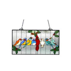 AVES Tiffany-glass Gathering Birds Window Panel 24.5x12.5