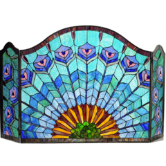 REGAL EUDORA Tiffany-glass 3pcs Folding Peacock Fireplace Screen 48" Wide