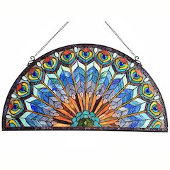 Regal Eudora Tiffany-Style Peacock Feather Glass Window Panel 35"X18"