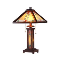 AARON Tiffany-style 3 Light Mission Double Lit Wooden Table Lamp 15" Shade