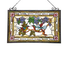 CHLOE Lighting GREETING BIRDS Tiffany-style Animal Design Window Panel 32" x 21"