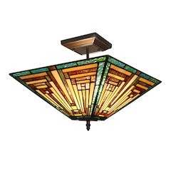 FIRMAN Tiffany-Style 2-Light Mission Semi-Flush Ceiling Fixture 14" Shade