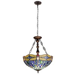 Sunniva Dragonfly Tiffany-Style 3-Light Inverted Ceiling Pendant 18" Shade