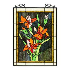 CHLOE Lighting ORANGE LILY Floral Tiffany-Style Stained Glass Verical Hanging Window Panel 24" Tall