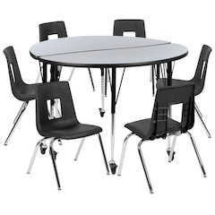Mobile 47.5" Circle Wave Flexible Laminate Activity Table Set with 18" Student Stack Chairs, Grey/Black