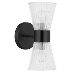 2 Light Incandescent Vanity Matte Black with Clear Ribbed Glass