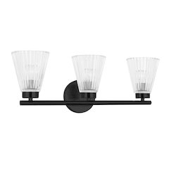 3 Light Incandescent Vanity Matte Black with Clear Ribbed Glass