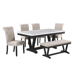 6 pc Dining set Faux Marble Wrap Table set with Beige Linen Chairs and one bench