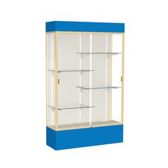 Spirit  48"W x 80"H x 16"D  Lighted Floor Case, Plaque Back, Champagne Finish, Royal Blue Base and Top