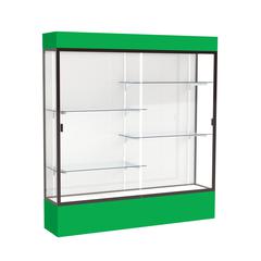Spirit  72"W x 80"H x 16"D  Lighted Floor Case, White Back, Dk. Bronze Finish, Kelly Green Base and Top