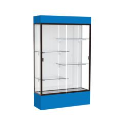 Spirit  48"W x 80"H x 16"D  Lighted Floor Case, White Back, Dk. Bronze Finish, Royal Blue Base and Top