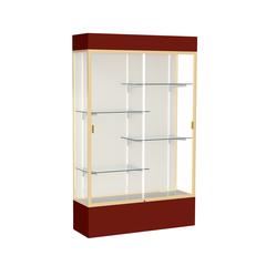 Spirit  48"W x 80"H x 16"D  Lighted Floor Case, Plaque Back, Champagne Finish, Maroon Base and Top