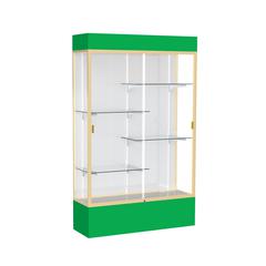 Spirit  48"W x 80"H x 16"D  Lighted Floor Case, White Back, Champagne Finish, Kelly Green Base and Top
