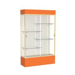 Spirit  48"W x 80"H x 16"D  Lighted Floor Case, Plaque Back, Champagne Finish, Orange Base and Top