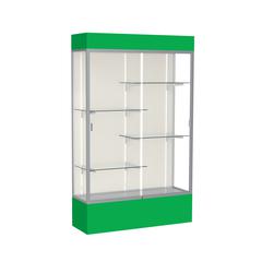 Spirit  48"W x 80"H x 16"D  Lighted Floor Case, Plaque Back, Satin Finish, Kelly Green Base and Top