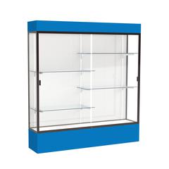 Spirit  72"W x 80"H x 16"D  Lighted Floor Case, White Back, Dk. Bronze Finish, Royal Blue Base and Top