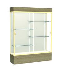 Reliant   60"W x 80"H x 16"D  Lighted Floor Case, Plaque Back, Champagne Finish,  Driftwood Base