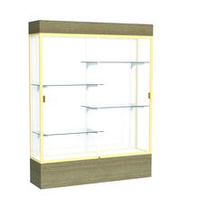 Reliant   60"W x 80"H x 16"D  Lighted Floor Case, White Back, Champagne Finish,  Driftwood Base