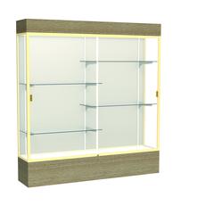 Reliant   72"W x 80"H x 16"D  Lighted Floor Case, Plaque Back, Champagne Finish,  Driftwood Base