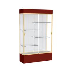 Spirit  48"W x 80"H x 16"D  Lighted Floor Case, White Back, Champagne Finish, Maroon Base and Top