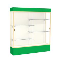 Spirit  72"W x 80"H x 16"D  Lighted Floor Case, Plaque Back, Champagne Finish, Kelly Green Base and Top