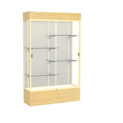 Reliant   48"W x 80"H x 16"D  Lighted Floor Case, Plaque Back, Champagne Finish,  Lt. Oak Vinyl Base
