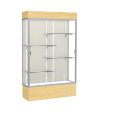 Reliant   48"W x 80"H x 16"D  Lighted Floor Case, Plaque Back, Satin Finish,  Lt. Oak Vinyl Base