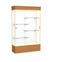 Reliant   48"W x 80"H x 16"D  Lighted Floor Case, White Back, Champagne Finish,  Carmel Oak Base