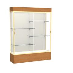 Reliant   60"W x 80"H x 16"D  Lighted Floor Case, Plaque Back, Champagne Finish,  Carmel Oak Base