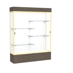 Reliant   60"W x 80"H x 16"D  Lighted Floor Case, White Back, Champagne Finish,  Walnut Vinyl Base