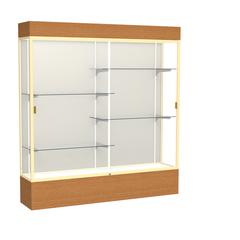 Reliant   72"W x 80"H x 16"D  Lighted Floor Case, Plaque Back, Champagne Finish,  Carmel Oak Base