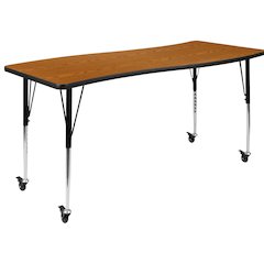 Mobile 26"W x 60"L Rectangular Wave Flexible Collaborative Oak Thermal Laminate Activity Table - Standard Height Adjustable Legs