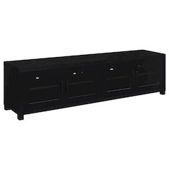 Black engineered wood TV stand, 4 doors, modern design,, durable materials
