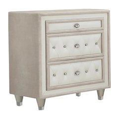 Ivory and Camel Upholstered Nightstand with 3 Drawers and Modern Design