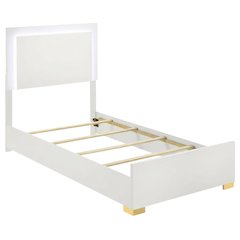 White Twin LED Panel Bed with Gold Metal Legs and Batten Slats
