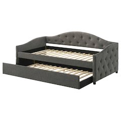 Gray Upholstered Twin Daybed With Trundle And Wooden Legs