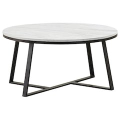 Contemporary Round Faux Marble Coffee Table with White and Matte Black Finish