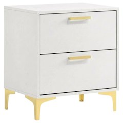 White Modern Nightstand with Gold Accents and Sturdy Metal Legs