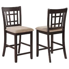 Brown Wood Counter Stool Set of 2 with Lattice Back Design and Upholstered Seats