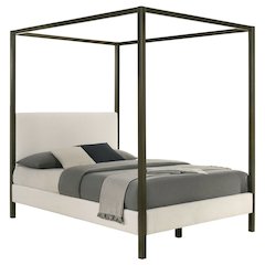 Queen Size Canopy Bed Frame with Upholstered Panels in Vanilla Finish