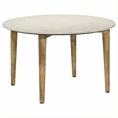 Round White Coffee Table with Marble Top and Warm Wood Finish