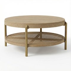 Round Coffee Table Sand Wash with Storage Shelf and Leveler Plastic Glide