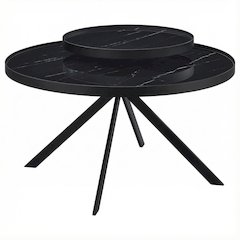 Round Black Glass Top Coffee Table with Marble Print and Leveler Design