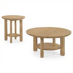 2-Piece Light Oak Round Coffee and End Table Set with Transitional Design