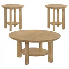 Light Oak 3-Piece Round Wood Coffee Table Set with End Tables
