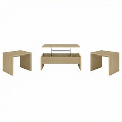 Light Oak 3-Piece Lift Top Coffee Table Set, Rectangular Shape, Plastic Glide