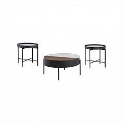 3-Piece Sandy Black Round Coffee and End Table Set Rustic Design
