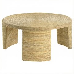Warm Brown Round Coffee Table with Woven Rattan Surface Coastal Design